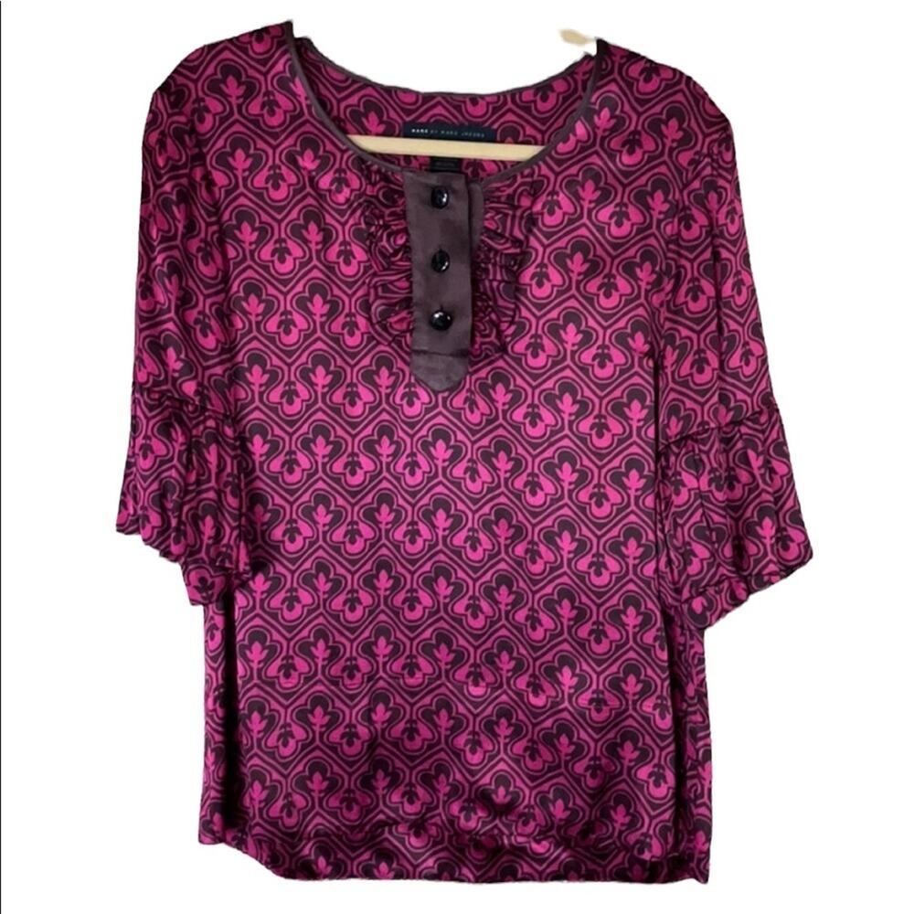 Marc by Marc Jacobs Pink Brown Geometric Top Balloon Short Sleeves Size XS